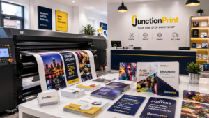 Modern commercial print shop with a high-end digital printer producing colourful flyers, posters, business cards and brochures, bright white interior with navy blue and golden yellow branding inspired by Clapham Junction Print, ultra-realistic, premium commercial photography, 16:9.